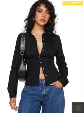 Princess Polly Fogler Shirt Long Sleeve V-Neck Button-Down Tuxedo Shirt